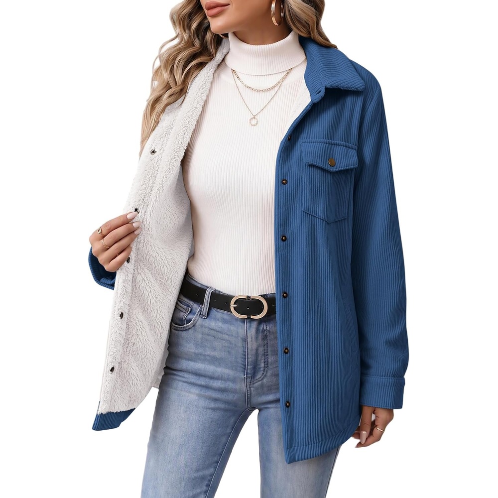 image:imageZeagoo Womens Fleece Jackets Corduroy Shackets Snap Casual Fall CoatBlue