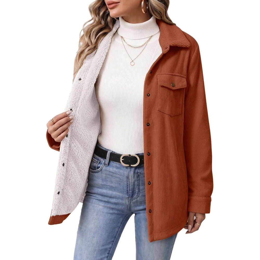 image:imageZeagoo Womens Fleece Jackets Corduroy Shackets Snap Casual Fall CoatCaramel