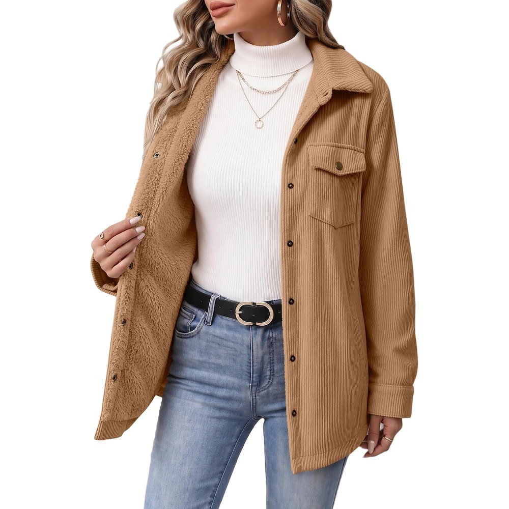 image:imageZeagoo Womens Fleece Jackets Corduroy Shackets Snap Casual Fall CoatKhaki