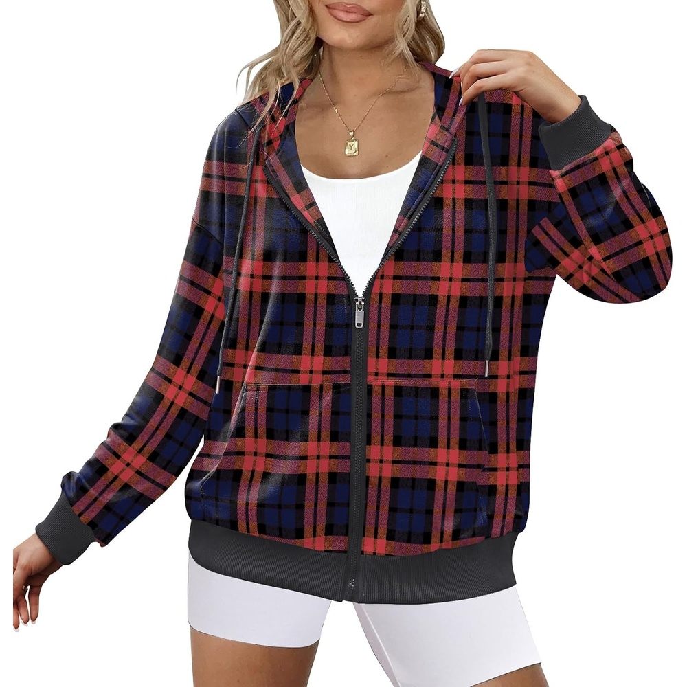 image:imageZeagoo Womens Lightweight Hoodies Full Zip Up Oversized Sweatshirt TrendyBlack Red Plaid