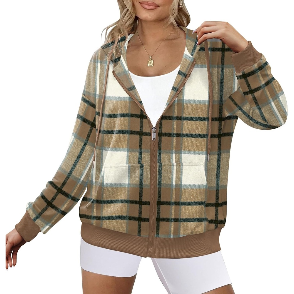 image:imageZeagoo Womens Lightweight Hoodies Full Zip Up Oversized Sweatshirt TrendyKhaki Plaid