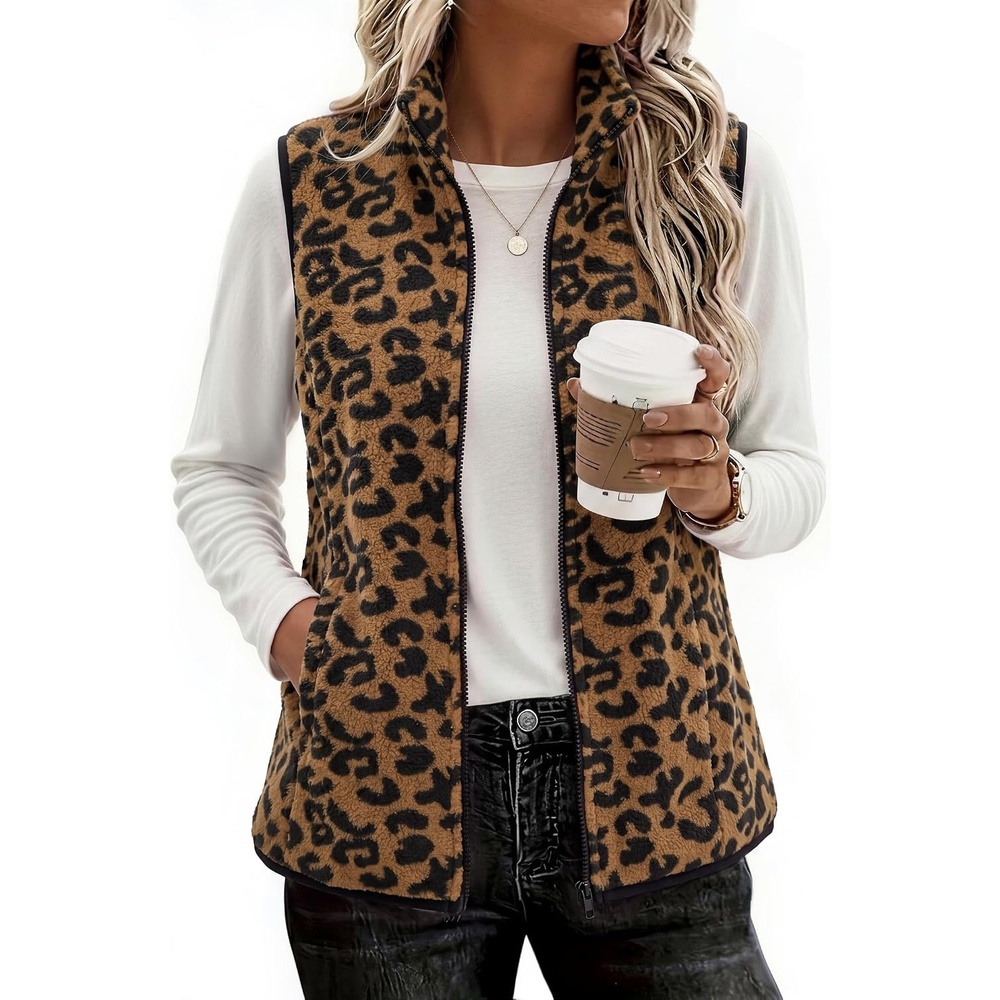 image:imageZeagoo Womens Outerwear Vests With Pockets Zipper Sleeveless Fleece JacketsLeopard Print