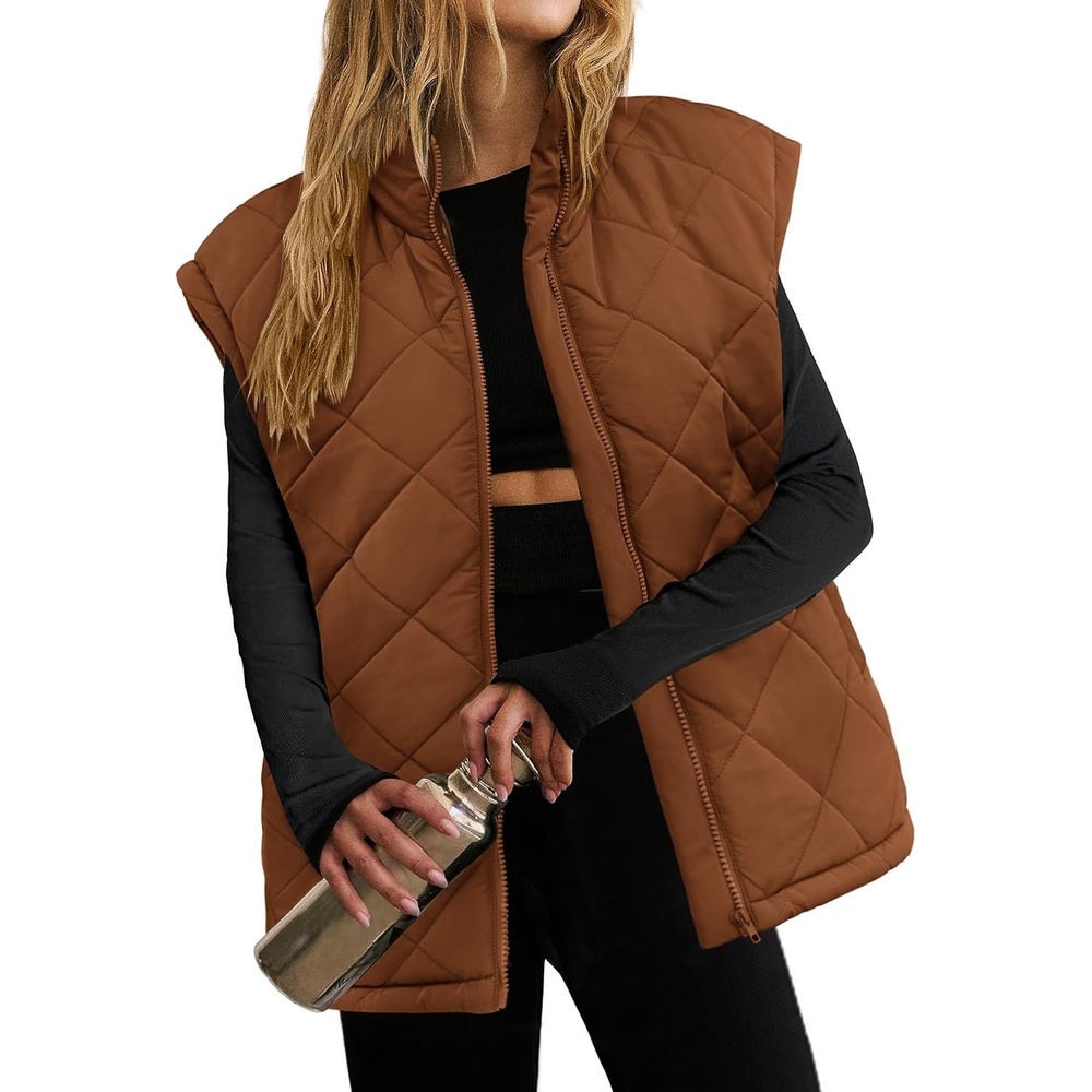 image:imageZeagoo Womens Oversized Puffer Vest Zip Up Stand Collar Lightweight Sleeveless Warm Outerwear Padded Jacket Winter Coat SXXLCaramel