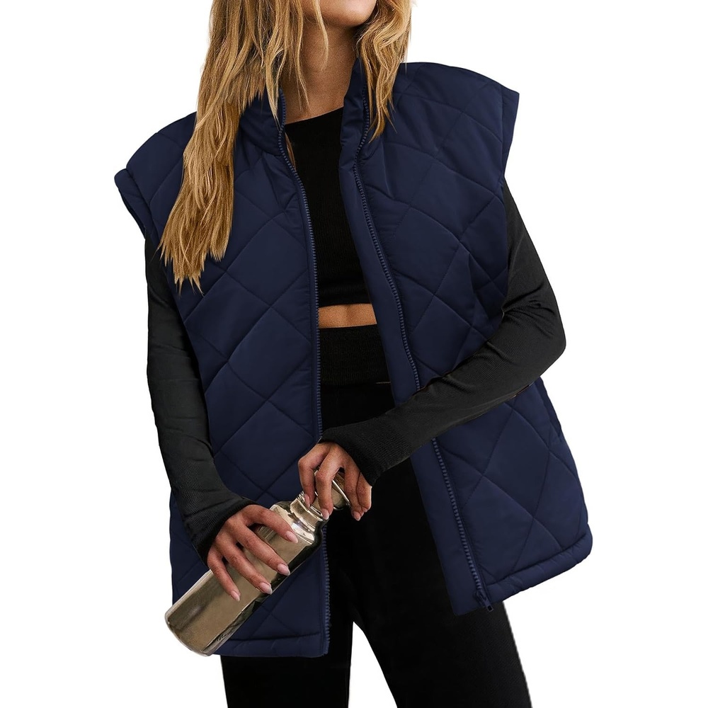 image:imageZeagoo Womens Oversized Puffer Vest Zip Up Stand Collar Lightweight Sleeveless Warm Outerwear Padded Jacket Winter Coat SXXLNavy Blue