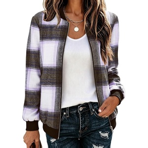 Zeagoo Jackets for Women 2026 Lightweight Bomber Jacket Plaid Flannel Coat(Purple Brown Plaid- Gw579)