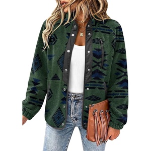 Zeagoo Women Fleece Jacket Western Aztec Print Snap Button Down Outerwear(Dark Green)