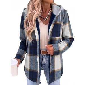 Zeagoo Women Plaid Shacket Fleece Hooded Winter Coat Warm Jackets(Blue)
