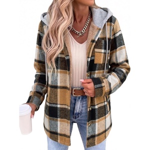 Zeagoo Women Plaid Shacket Fleece Hooded Winter Coat Warm Jackets(Coffee)