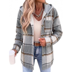 Zeagoo Women Plaid Shacket Fleece Hooded Winter Coat Warm Jackets(Grey02)