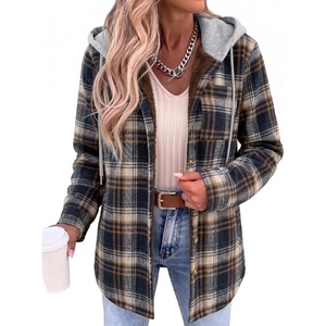 Zeagoo Women Plaid Shacket Fleece Hooded Winter Coat Warm Jackets(Navy Blue)