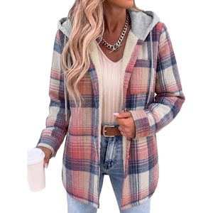 Zeagoo Women Plaid Shacket Fleece Hooded Winter Coat Warm Jackets(Pink)