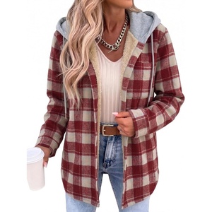 Zeagoo Women Plaid Shacket Fleece Hooded Winter Coat Warm Jackets(Red)