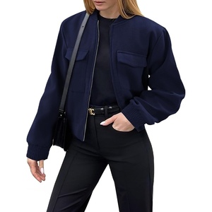 Zeagoo Womens Cropped Jacket Stand Collar Long Sleeve Zip Up Shackets Bomber Jacket Coats with Pockets(Navy Blue)