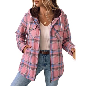Zeagoo Womens Flannel Jacket Plaid Fleece Lined Shacket Hooded Winter Coats(Pink Gw571)