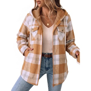 Zeagoo Womens Flannel Jacket Plaid Fleece Lined Shacket Hooded Winter Coats(Pumpkin-gw578)