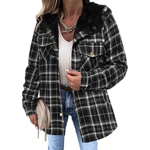 Zeagoo Womens Flannel Plaid Jacket Fleece Lined Shacket Hooded Warm Coat(Black)