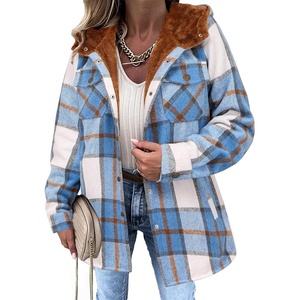 Zeagoo Womens Flannel Plaid Jacket Fleece Lined Shacket Hooded Warm Coat(Blue)