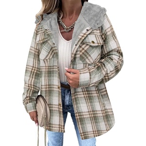 Zeagoo Womens Flannel Plaid Jacket Fleece Lined Shacket Hooded Warm Coat(Grey)