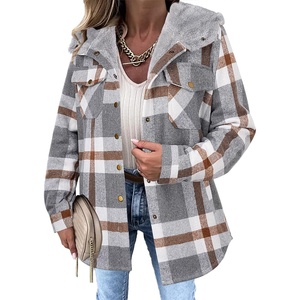 Zeagoo Womens Flannel Plaid Jacket Fleece Lined Shacket Hooded Warm Coat(Grey Plaid)