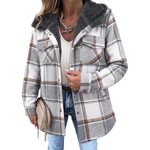 Zeagoo Womens Flannel Plaid Jacket Fleece Lined Shacket Hooded Warm Coat(Grey-gw568)