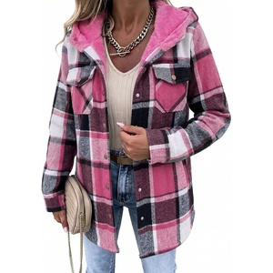 Zeagoo Womens Flannel Plaid Jacket Fleece Lined Shacket Hooded Warm Coat(Hot Pink Plaid)