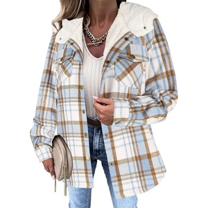 Zeagoo Womens Flannel Plaid Jacket Fleece Lined Shacket Hooded Warm Coat(Light Blue)