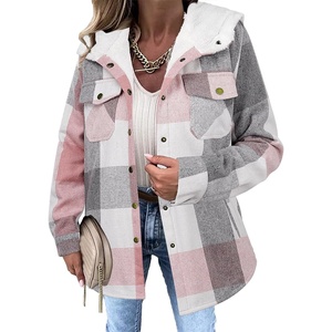 Zeagoo Womens Flannel Plaid Jacket Fleece Lined Shacket Hooded Warm Coat(Light Pink Plaid)