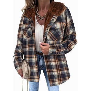 Zeagoo Womens Flannel Plaid Jacket Fleece Lined Shacket Hooded Warm Coat(Navy Blue)