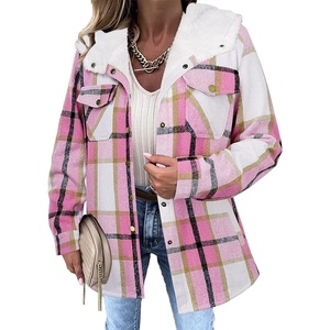 Zeagoo Womens Flannel Plaid Jacket Fleece Lined Shacket Hooded Warm Coat(Pink Plaid)