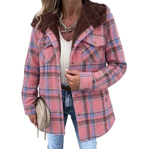 Zeagoo Womens Flannel Plaid Jacket Fleece Lined Shacket Hooded Warm Coat(Pink-gw571)