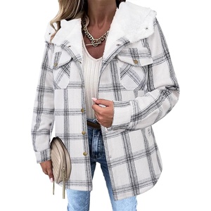 Zeagoo Womens Flannel Plaid Jacket Fleece Lined Shacket Hooded Warm Coat(White Plaid)