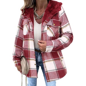 Zeagoo Womens Flannel Plaid Jacket Fleece Lined Shacket Hooded Warm Coat(Wine Red)