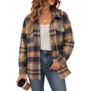 Zeagoo Women’s Flannel Plaid Shacket Long Sleeve Button Down Jacket S-2XL(Brown-blue)