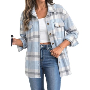 Zeagoo Women’s Flannel Plaid Shacket Long Sleeve Button Down Jacket S-2XL(Gray-blue)