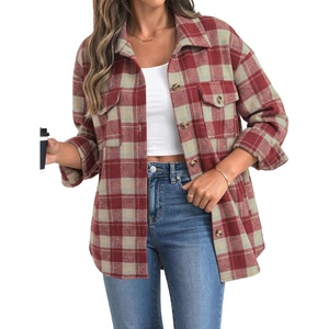 Zeagoo Women’s Flannel Plaid Shacket Long Sleeve Button Down Jacket S-2XL(Red)
