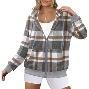 Zeagoo Women’s Lightweight Hoodies Full Zip Up Oversized Sweatshirt Trendy(Grey White Plaid)