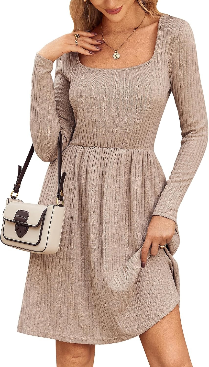 image:imageZEAGOO Women Dresses Spring Fall 2026 Sweater Dress Long Sleeve Casual Knit Dresses with PocketsApricot