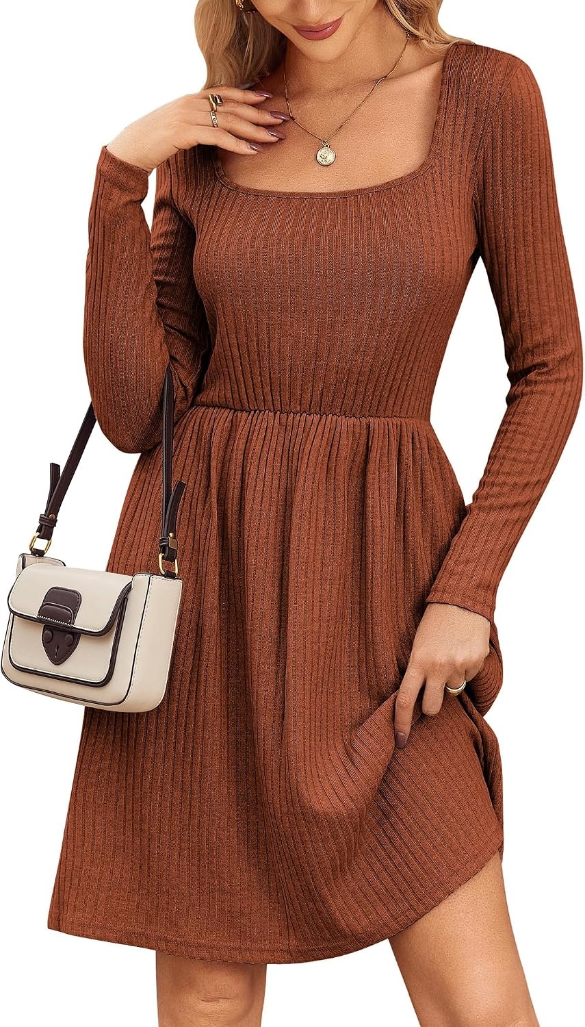 image:imageZEAGOO Women Dresses Spring Fall 2026 Sweater Dress Long Sleeve Casual Knit Dresses with PocketsCaramel