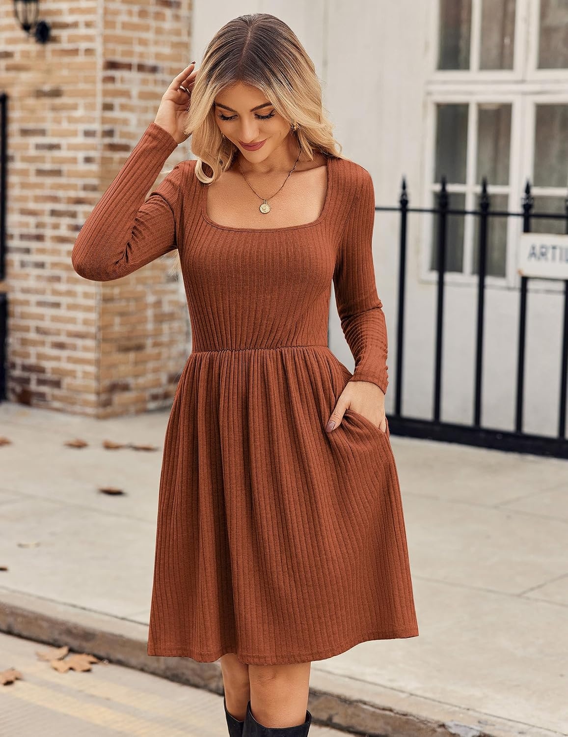 image:imageZEAGOO Women Dresses Spring Fall 2026 Sweater Dress Long Sleeve Casual Knit Dresses with PocketsCaramel
