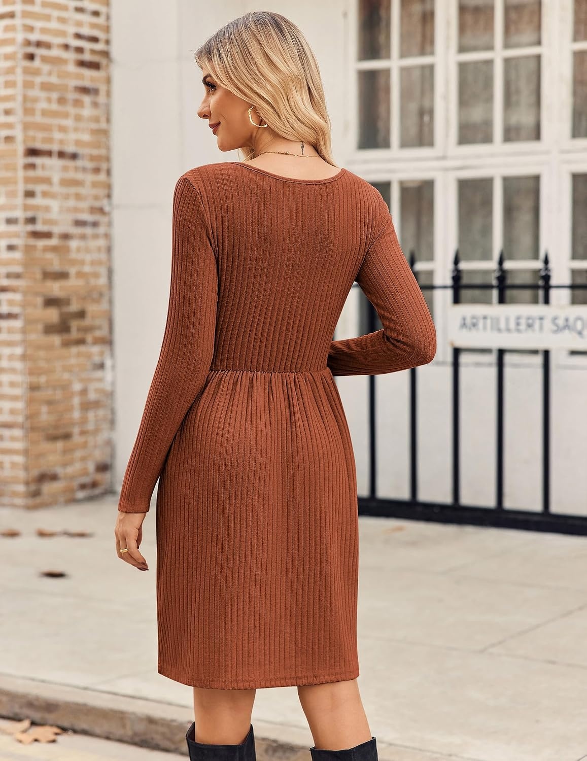 image:imageZEAGOO Women Dresses Spring Fall 2026 Sweater Dress Long Sleeve Casual Knit Dresses with PocketsCaramel