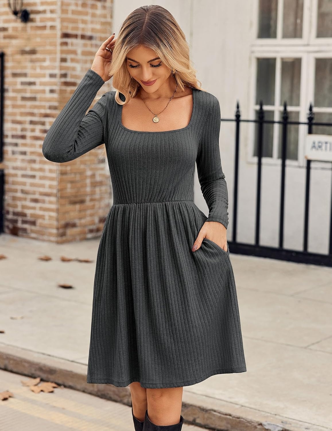 image:imageZEAGOO Women Dresses Spring Fall 2026 Sweater Dress Long Sleeve Casual Knit Dresses with PocketsDark Grey