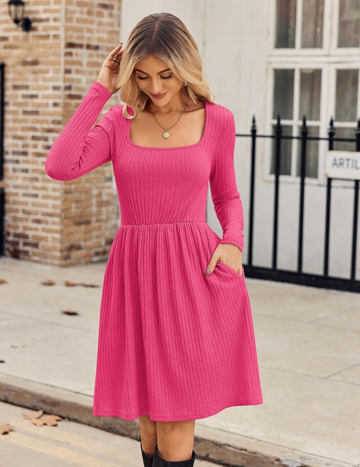 image:imageZEAGOO Women Dresses Spring Fall 2026 Sweater Dress Long Sleeve Casual Knit Dresses with PocketsRed
