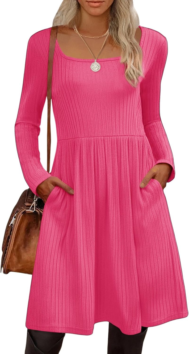 image:imageZEAGOO Women Dresses Spring Fall 2026 Sweater Dress Long Sleeve Casual Knit Dresses with PocketsRed