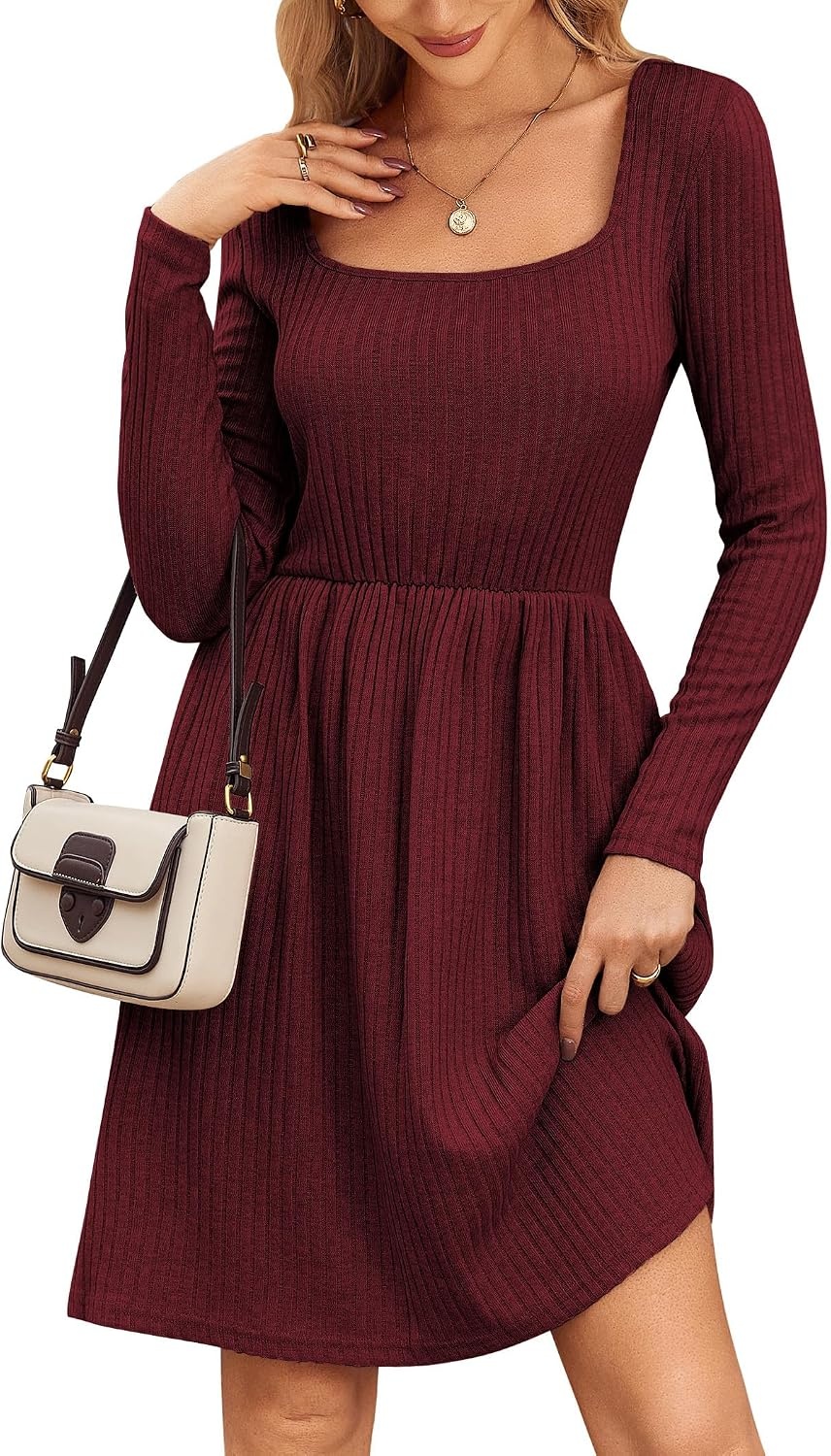 image:imageZEAGOO Women Dresses Spring Fall 2026 Sweater Dress Long Sleeve Casual Knit Dresses with PocketsWine Red