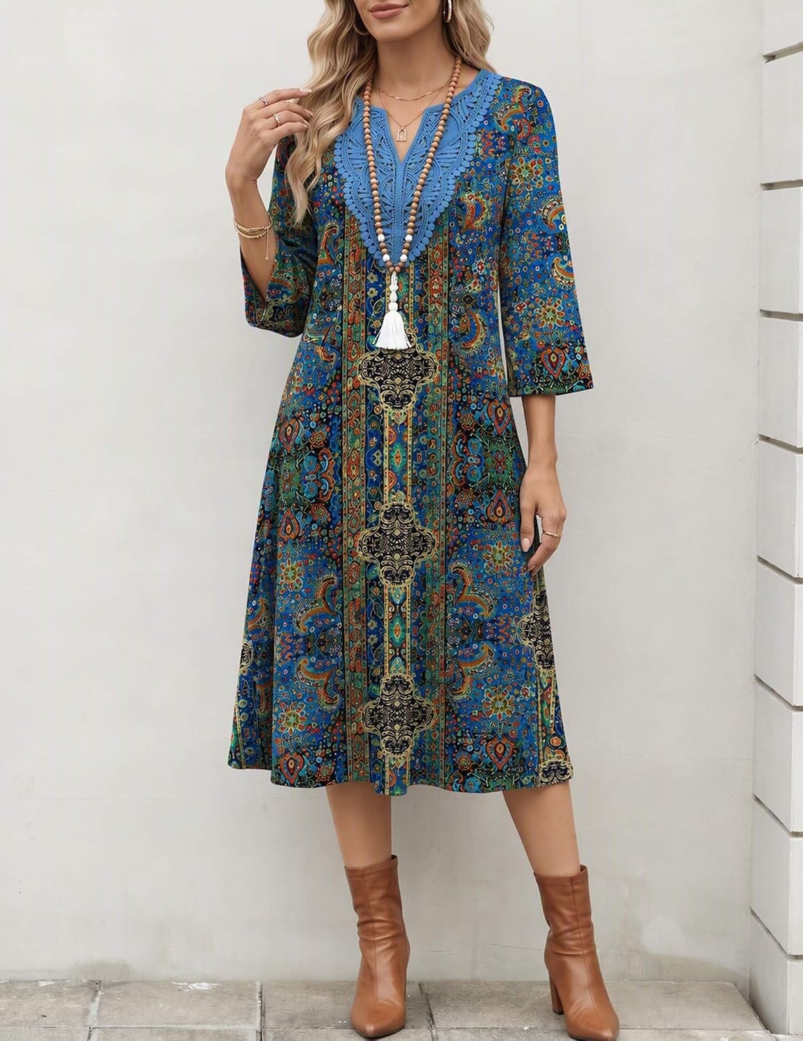 image:imageZeagoo 34 Sleeve Dress for Women Midi Dresses V Neck Lace Casual SundressBoho Blue Printed