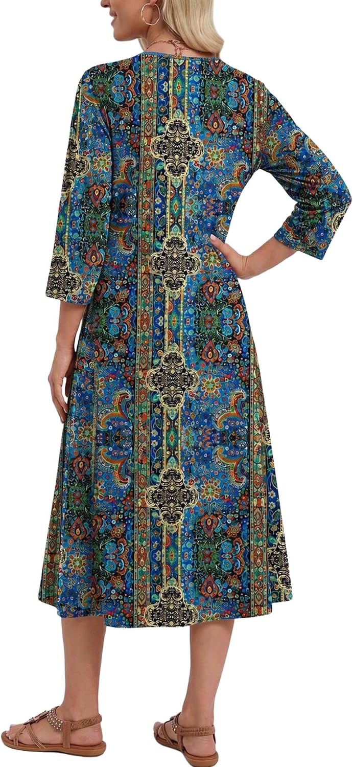 image:imageZeagoo 34 Sleeve Dress for Women Midi Dresses V Neck Lace Casual SundressBoho Blue Printed