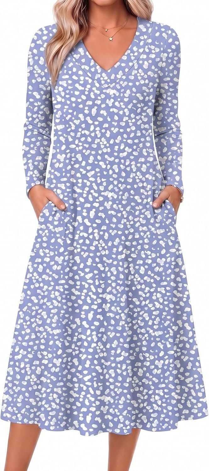 image:imageZeagoo Dresses for Womens Long Sleeve Midi Dress Fall Casual A Line DressBlueprinted