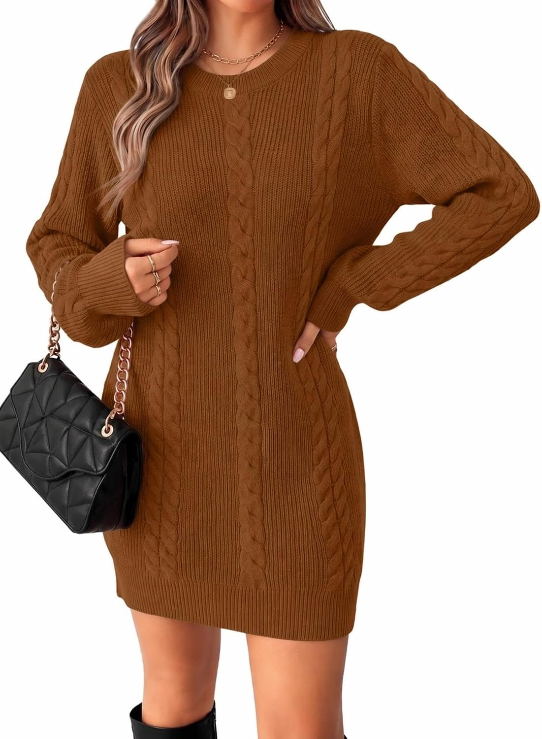 image:imageZeagoo Sweater Dresses for Women 2026 Fall Winter Long Sleeve Bodycon DressBrown
