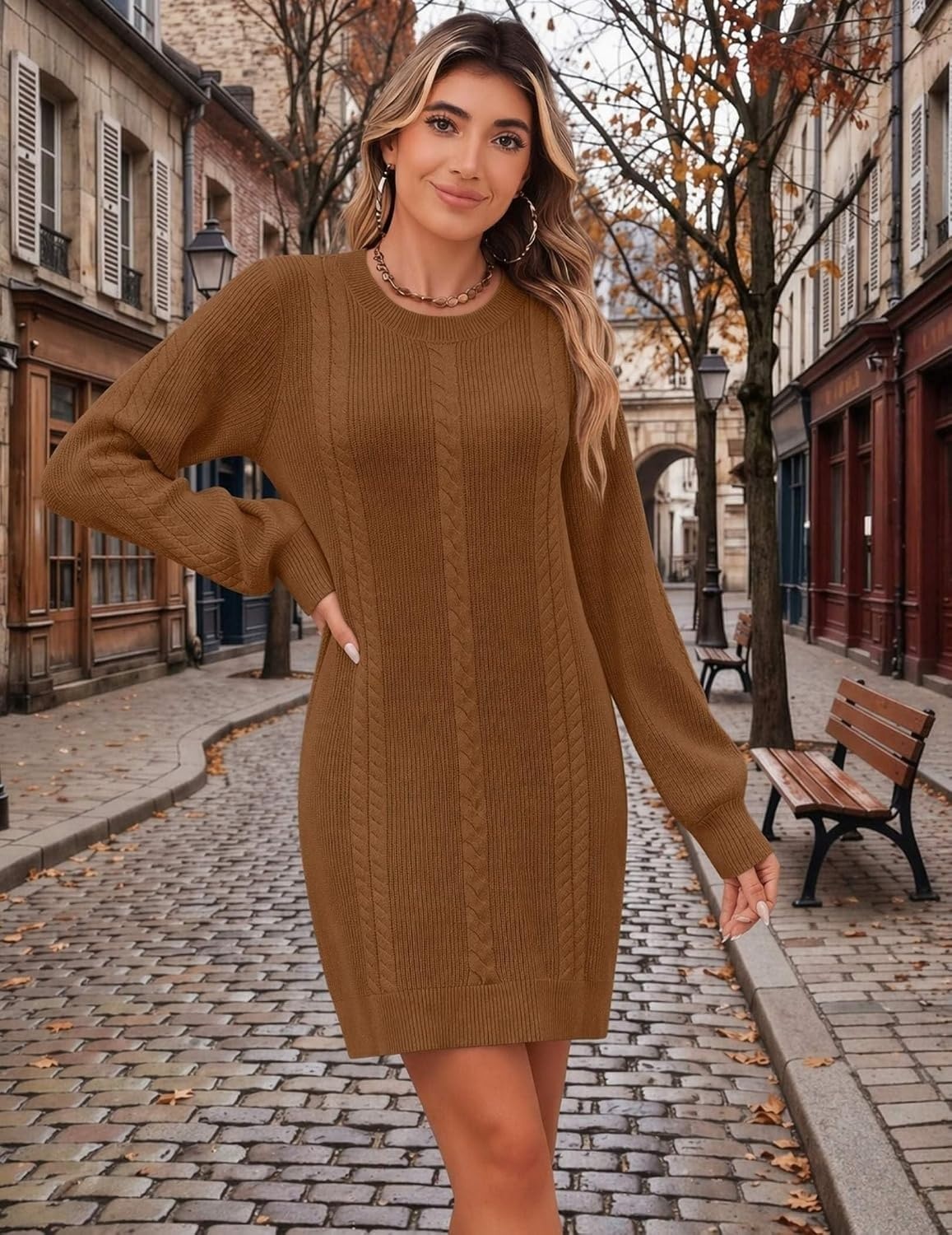 image:imageZeagoo Sweater Dresses for Women 2026 Fall Winter Long Sleeve Bodycon DressBrown
