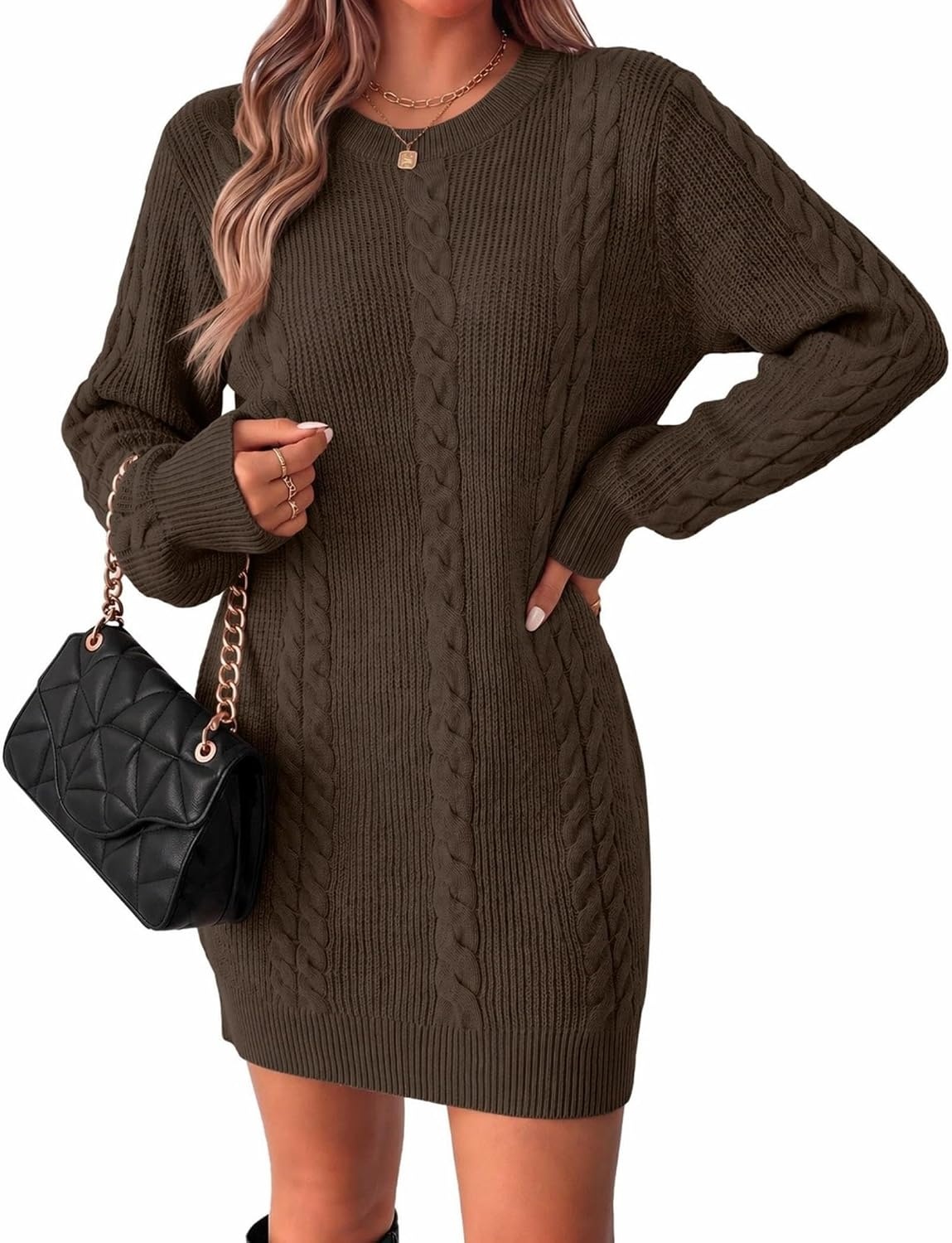 image:imageZeagoo Sweater Dresses for Women 2026 Fall Winter Long Sleeve Bodycon DressCoffee